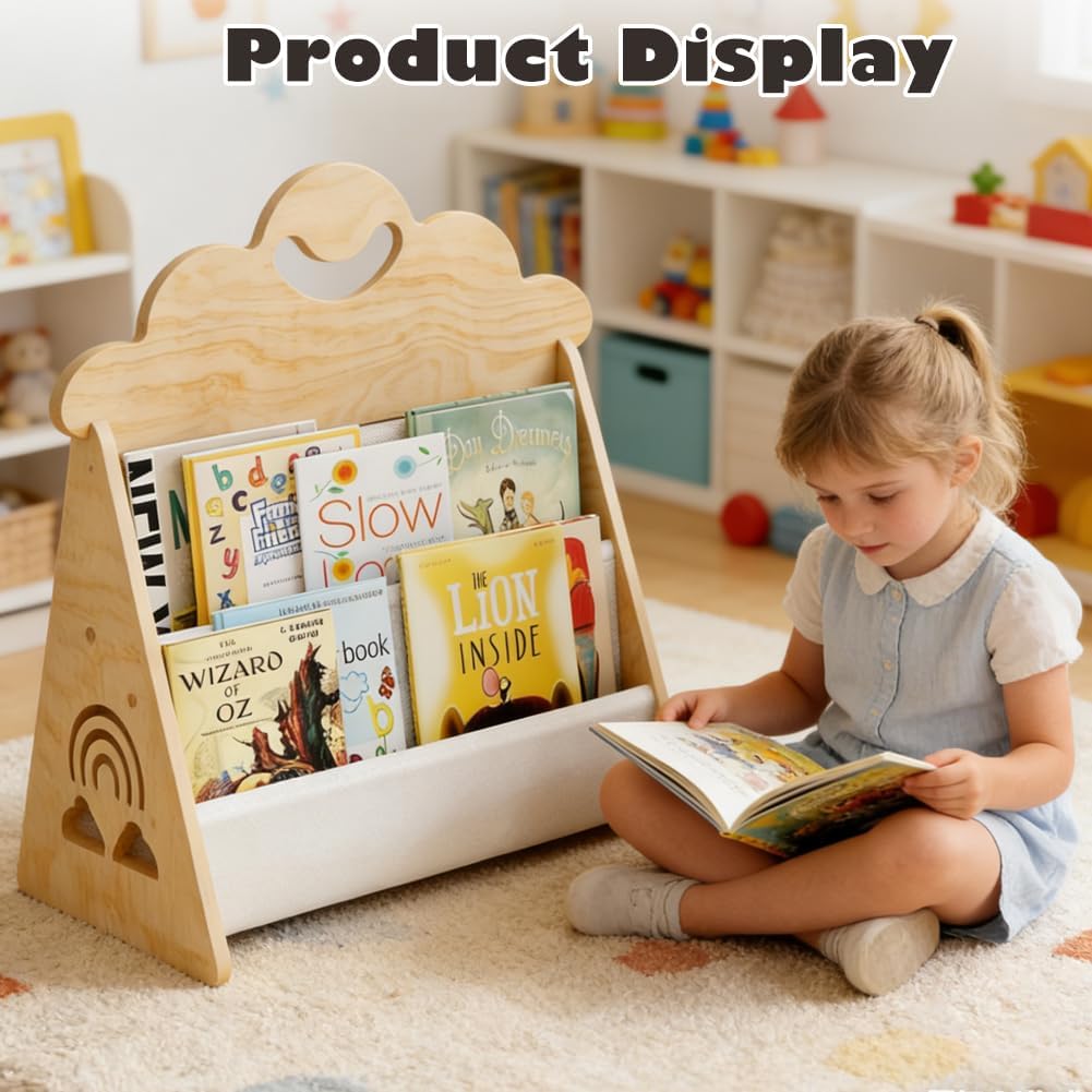 Kinder Bücherregal, Montessori Bücherregal aus Holz, Tragbares zweistöckiges Bücherregal Kinder Kind