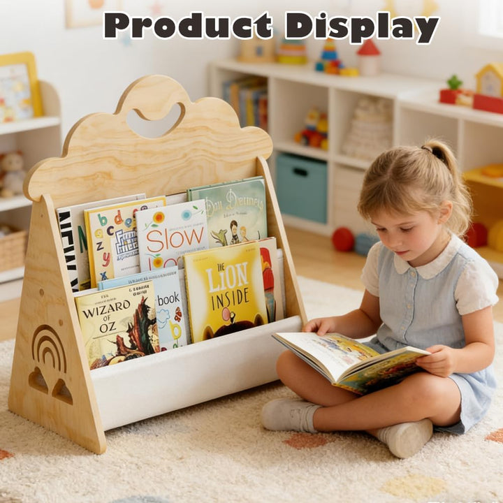 Kinder Bücherregal, Montessori Bücherregal aus Holz, Tragbares zweistöckiges Bücherregal Kinder Kind