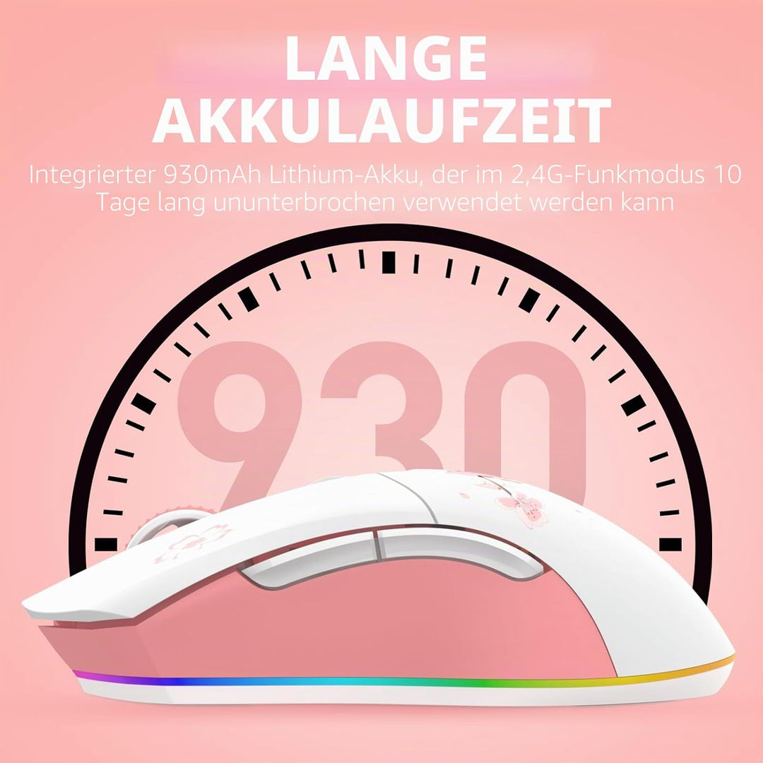 DAREU Sakura Pink Gaming Maus Kabellose mit Magnetic Charging Dock Wiederaufladbar RGB,12K DPI, 7 Pr