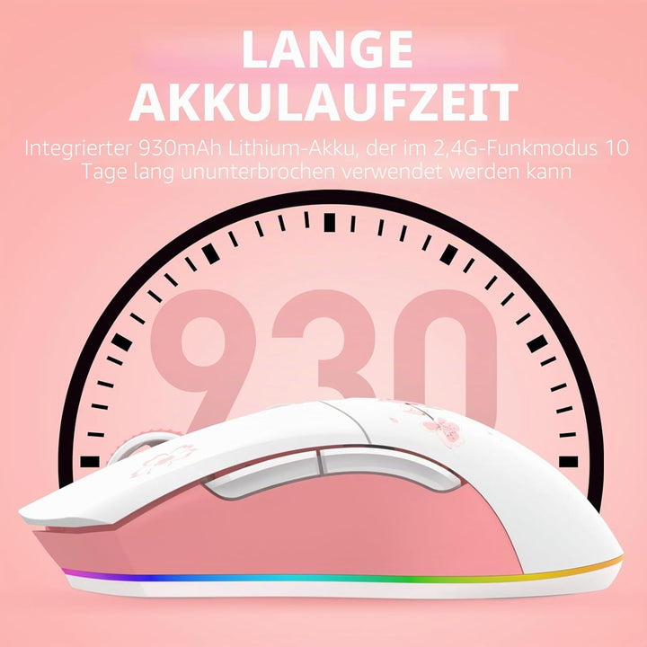 DAREU Sakura Pink Gaming Maus Kabellose mit Magnetic Charging Dock Wiederaufladbar RGB,12K DPI, 7 Pr