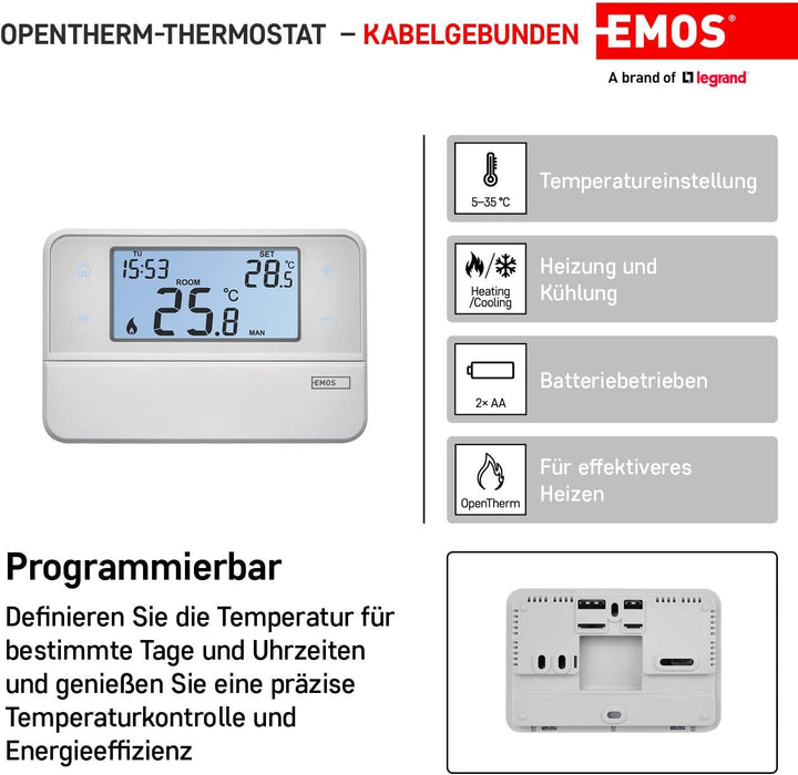 Emos Digitaler Raumthermostat mit OpenTherm-Unterstützung - Programmierbarer, verkabelter, oberfläch