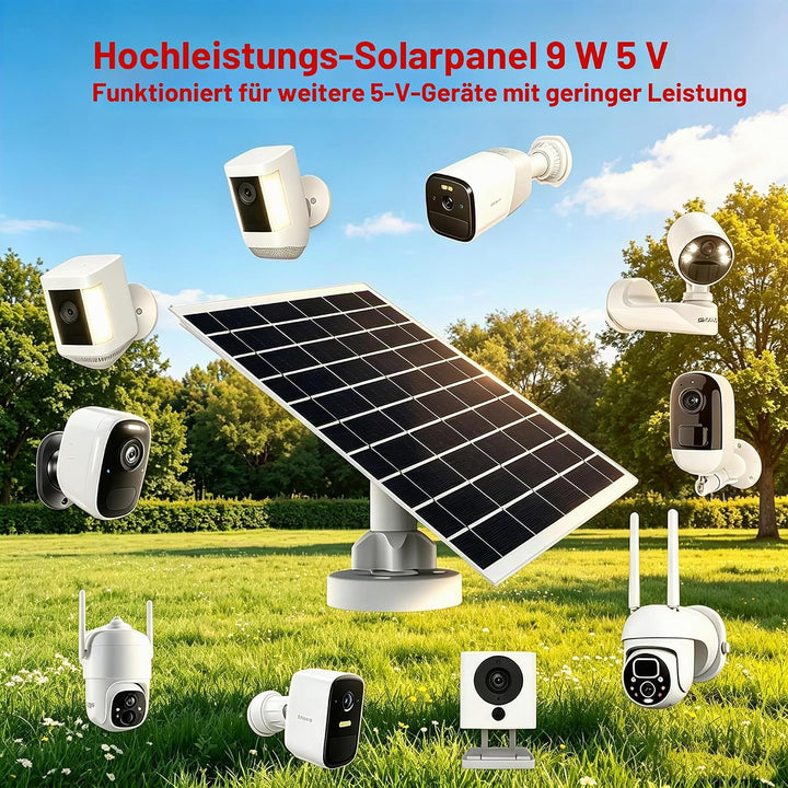 9W/5V Solarpanel für Überwachungskamera mit 4m, 3-in-1-Ladekabel (Micro-USB,Typ-C und DC 3,5 x 1,35