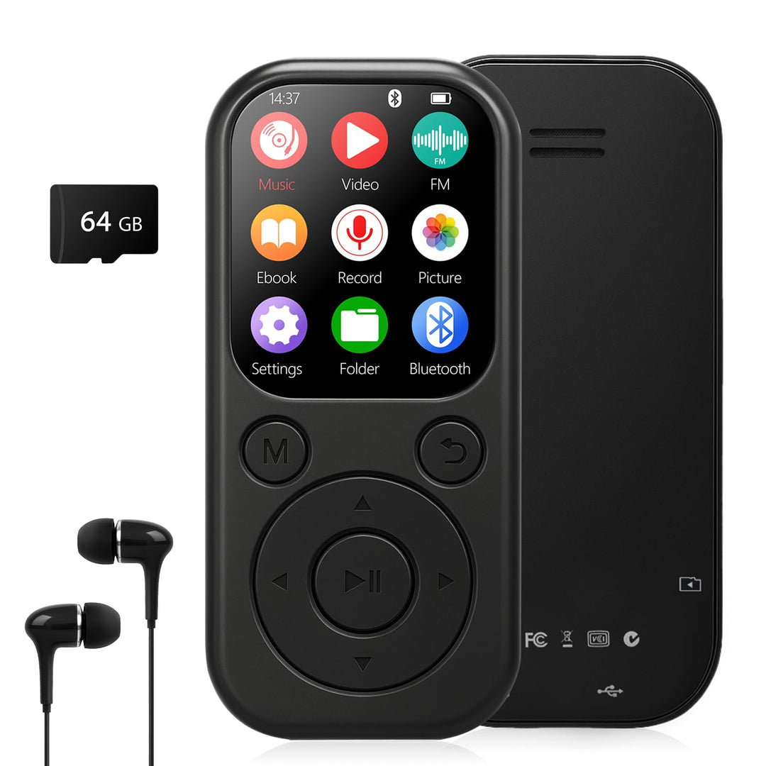 MP3 Player mit Bluetooth 5.3, Tragbarer Musikplayer mit 64GB Speicherkarte, FM Radio, Sprachaufnahme