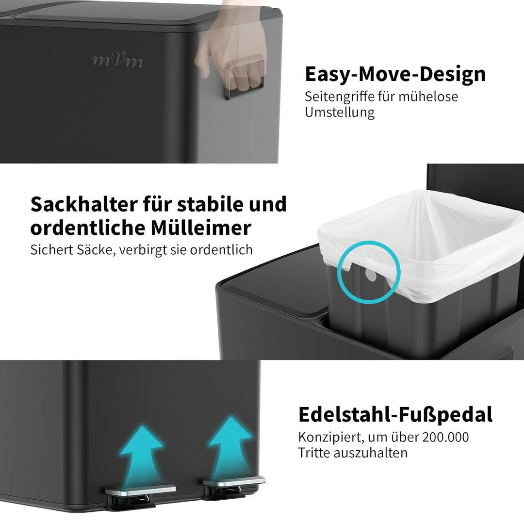 mVm Mülleimer Küche,40 Liter Treteimer,2x20L Doppelter Abfalleimer 2er-Mülleimer Mülltrennung mit In