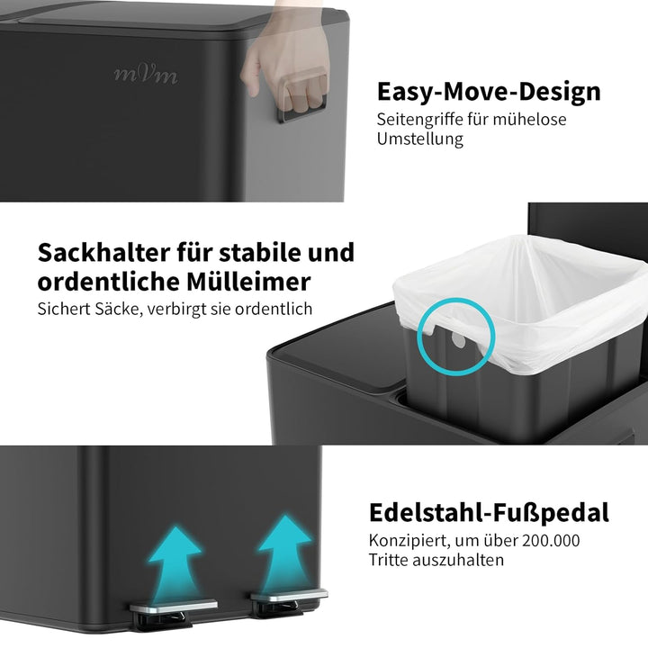mVm Mülleimer Küche,40 Liter Treteimer,2x20L Doppelter Abfalleimer 2er-Mülleimer Mülltrennung mit In