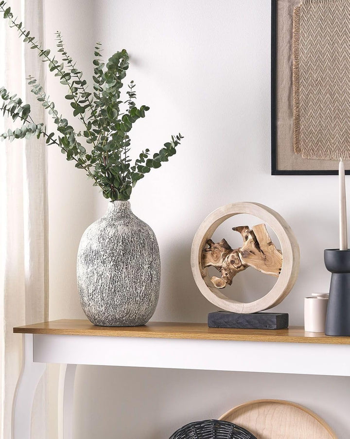 Ovale Blumenvase Terrakotta handgefertigt grau-weiss 36 cm bauchig Modern Vigo