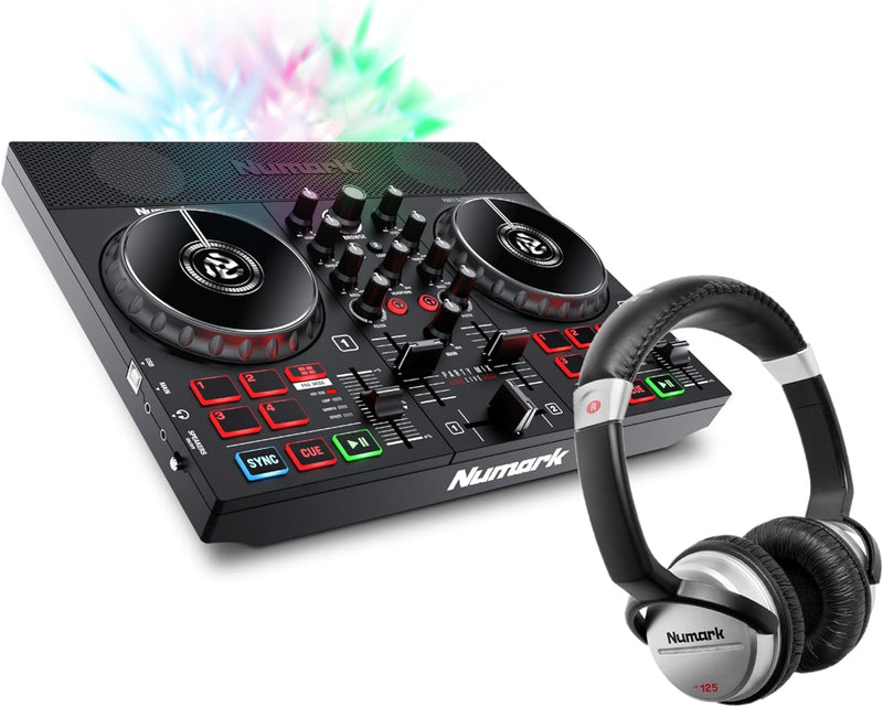 Numark Party Mix Live + HF 125 – DJ Controller Set mit eingebauten Lautsprechern, Lichtshow & Mixer