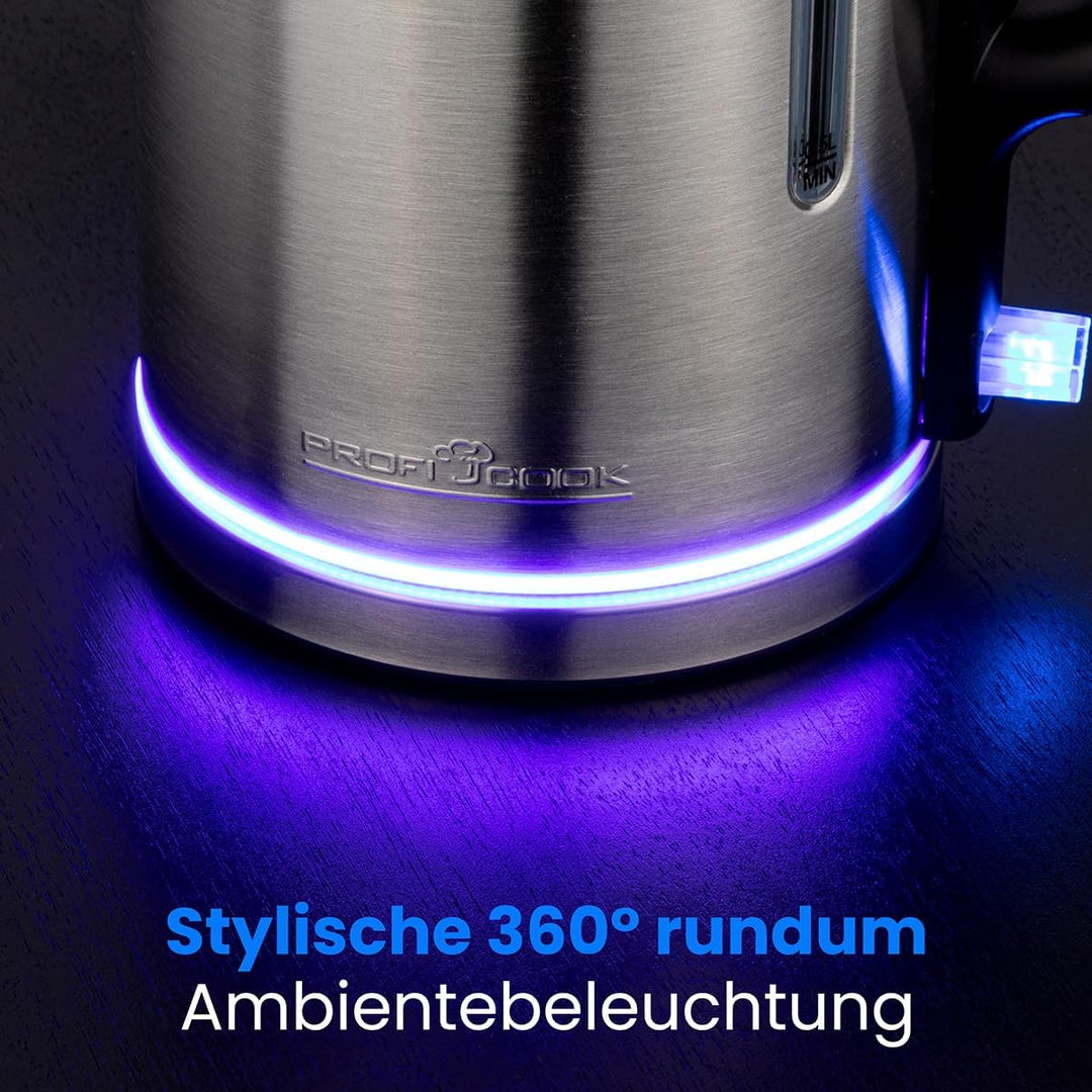 ProfiCook® Wasserkocher Edelstahl 1,7L | Ambiente-Beleuchtung | 2200W | Einhandbedienung | BPA frei