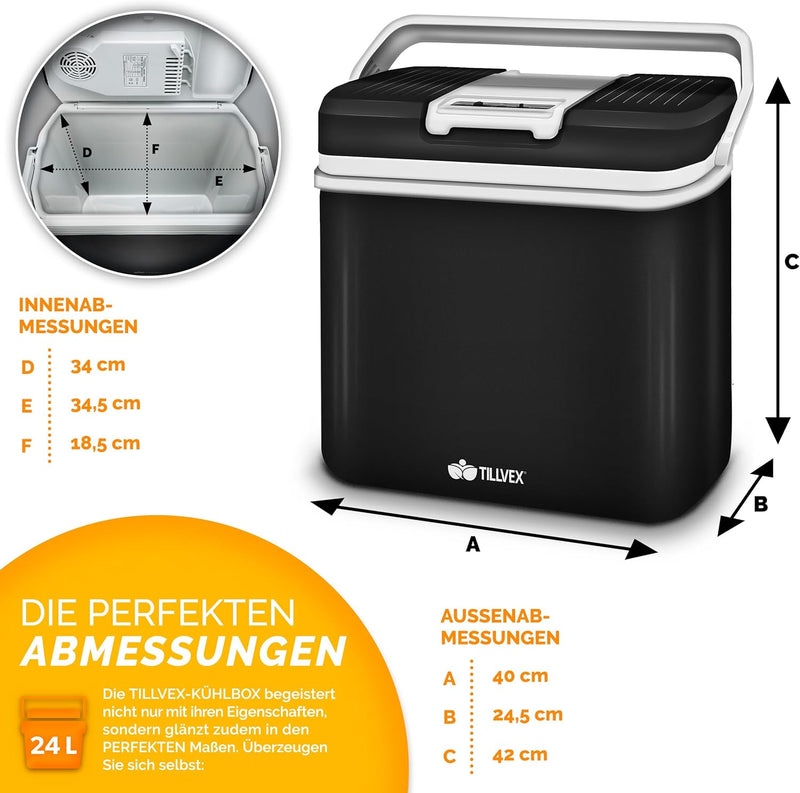 tillvex Kühlbox elektrisch 24L | Mini-Kühlschrank 230 V und 12 V für KFZ Auto Camping | kühlt & wärm