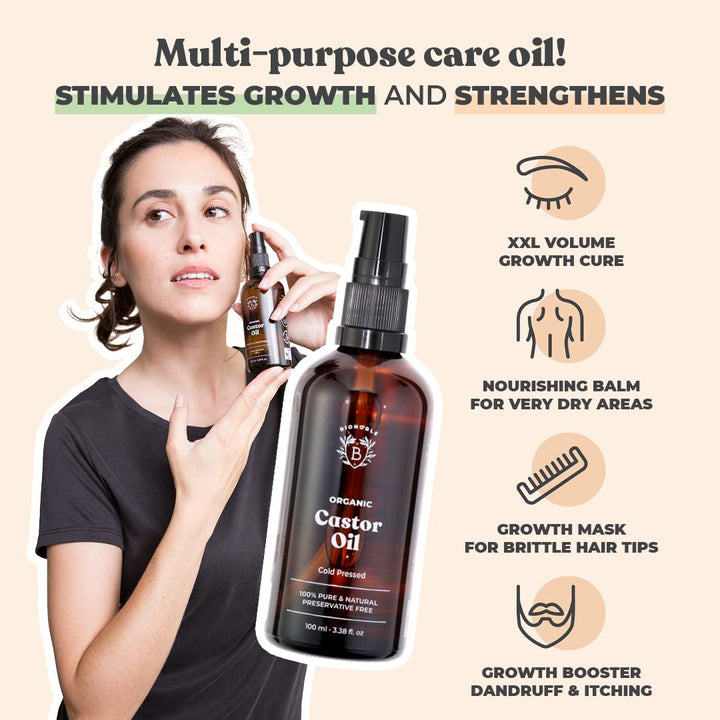 Bionoble Jojobaöl Bio 100ml - 100% Rein, Natürlich und Kaltgepresst - Gesicht & Rizinusöl Bio 100ml