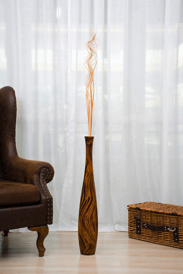 Leewadee Grosse Bodenvase für Dekozweige hohe Standvase Design Holzvase, Holz, 70 cm, Braun Hellbrau
