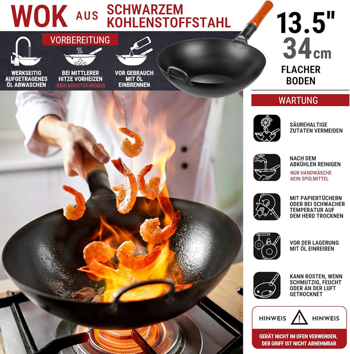 YOSUKATA Karbonstahl Woks &amp; Wokpfannen - 34 cm Voreingebrannter Wok Pfanne Karbonstahl Flacher Boden