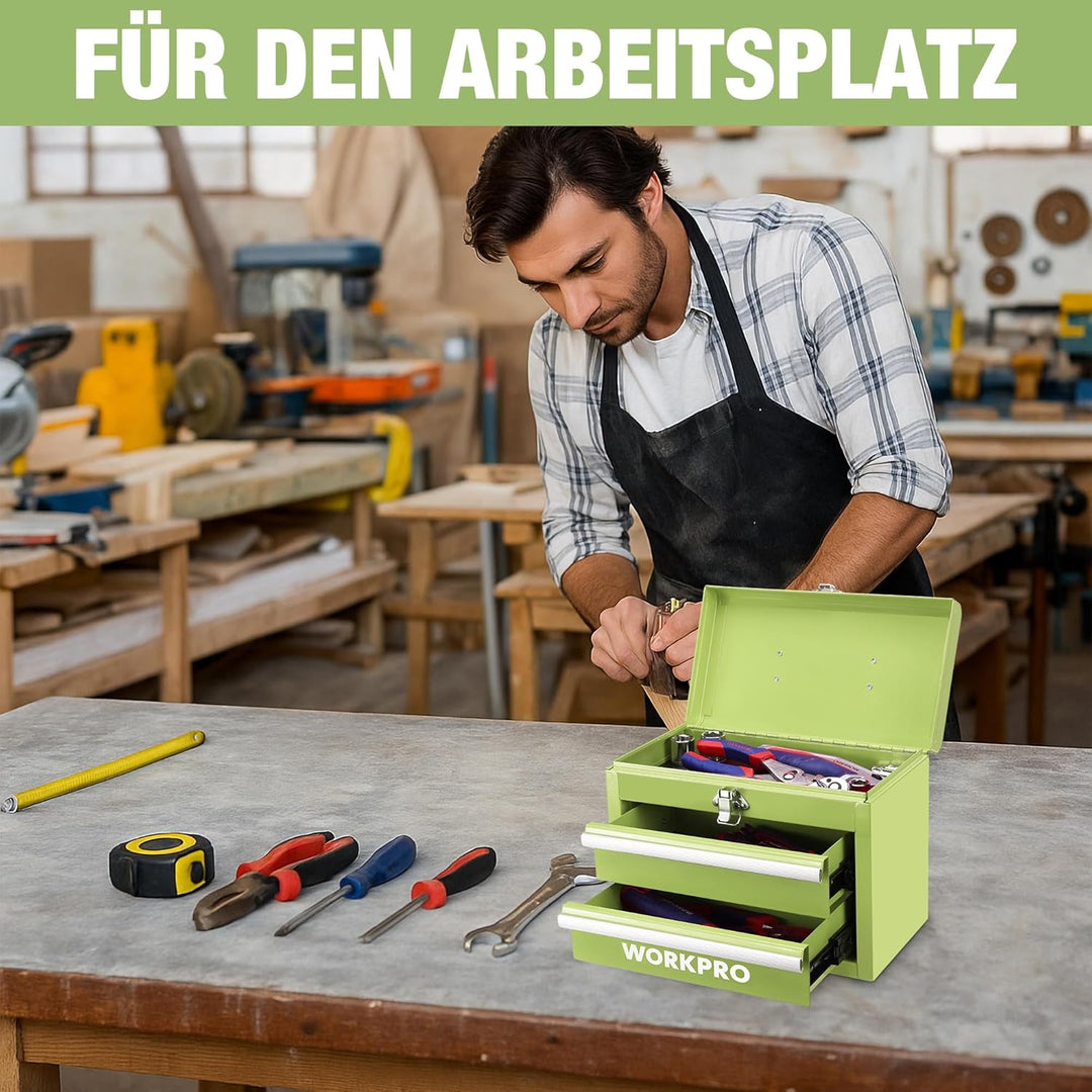 WORKPRO Metall Schubladenbox mit 2 Schubladen & Oberer Stauraum Avocadogrün, 27,5x15x20,8cm Tisch Or