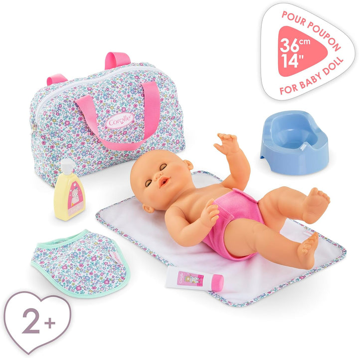Corolle Mon Grand Poupon Wickeltasche und Zubehör, 7 Teile, Wickeltasche, Unterlage, Windel, Creme,