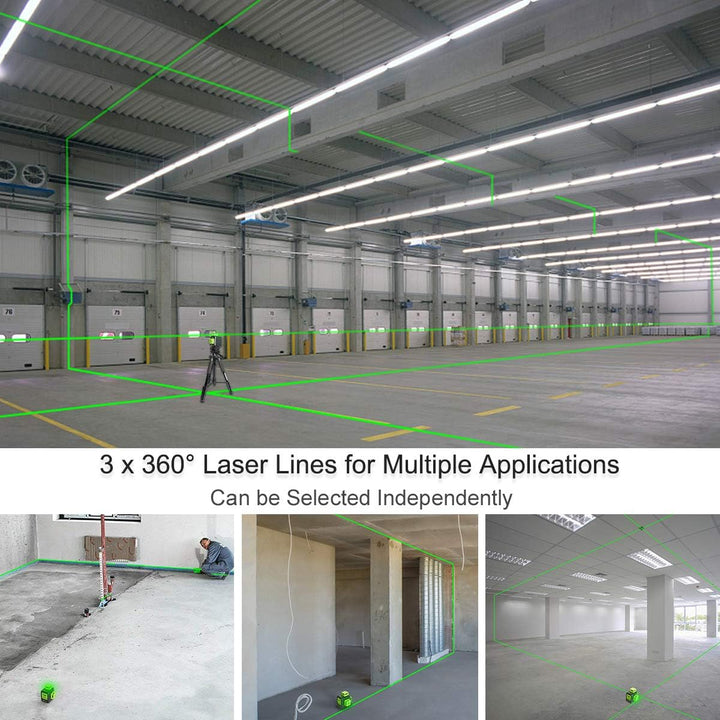 Huepar 3 x 360 Kreuzlinienlaser mit Litium-Ionen Batterie, Grüner Selbstnivellierenden Drei 360°-Las