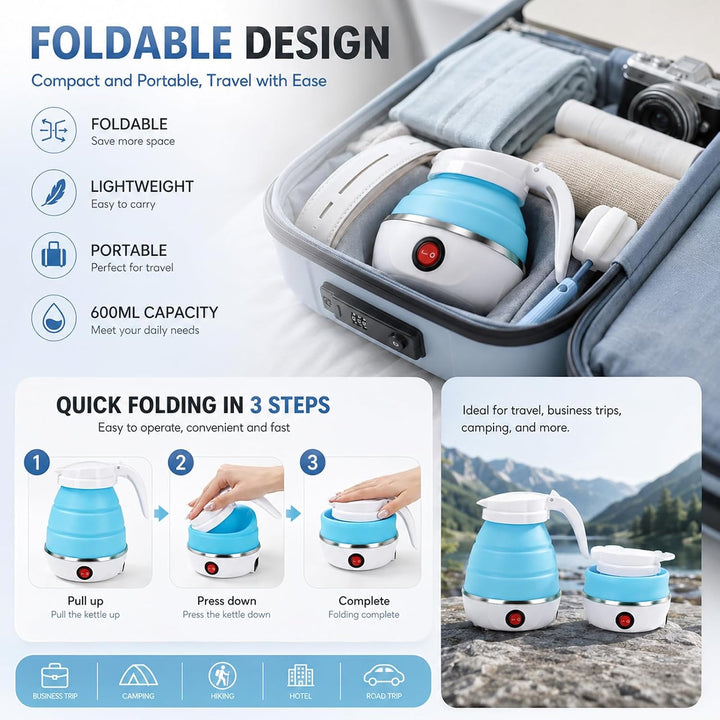 Faltbarer Wasserkessel, 0.6L Wasserkocher Faltbarer, 600W Reisewasserkocher mit Edelstahlboden &amp; Sch