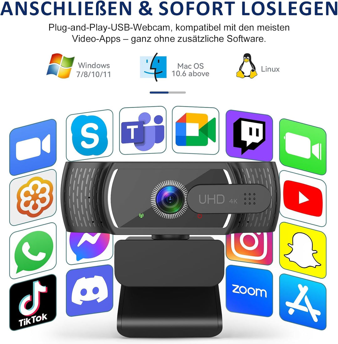 4K Webcam für PC mit Sony-Sensor, PDAF-Autofokus, Dual-Mikrofon mit Geräuschunterdrückung, Privacy-A