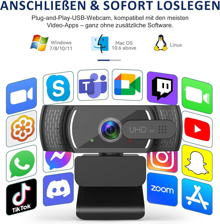 4K Webcam für PC mit Sony-Sensor, PDAF-Autofokus, Dual-Mikrofon mit Geräuschunterdrückung, Privacy-A