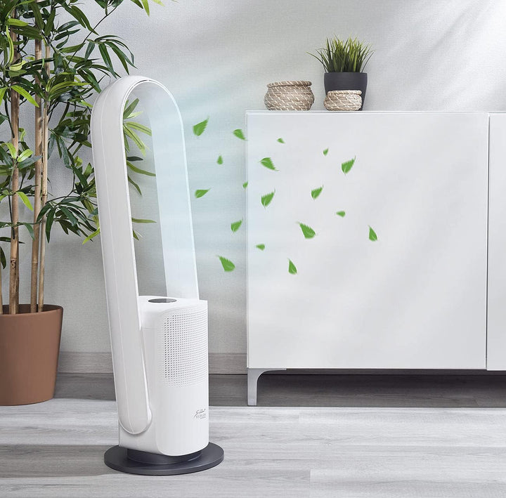 Sichler Haushaltsgeräte Turmventilator: Rotorloser 2in1-360°-Ventilator & Luftreiniger, WLAN, App, H