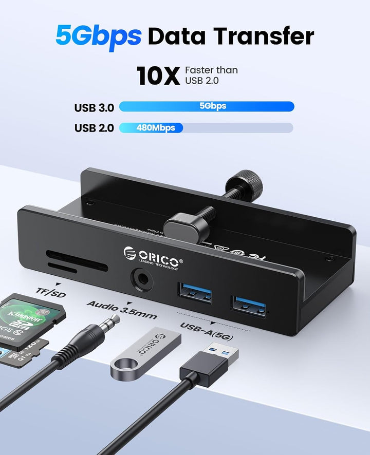 ORICO Clip-Typ USB Hub mit SD/TF Kartenleser, 5 in 1 USB Hub 3.0 mit 2 Typ A 3.0 Ports, 3.5 mm Audio