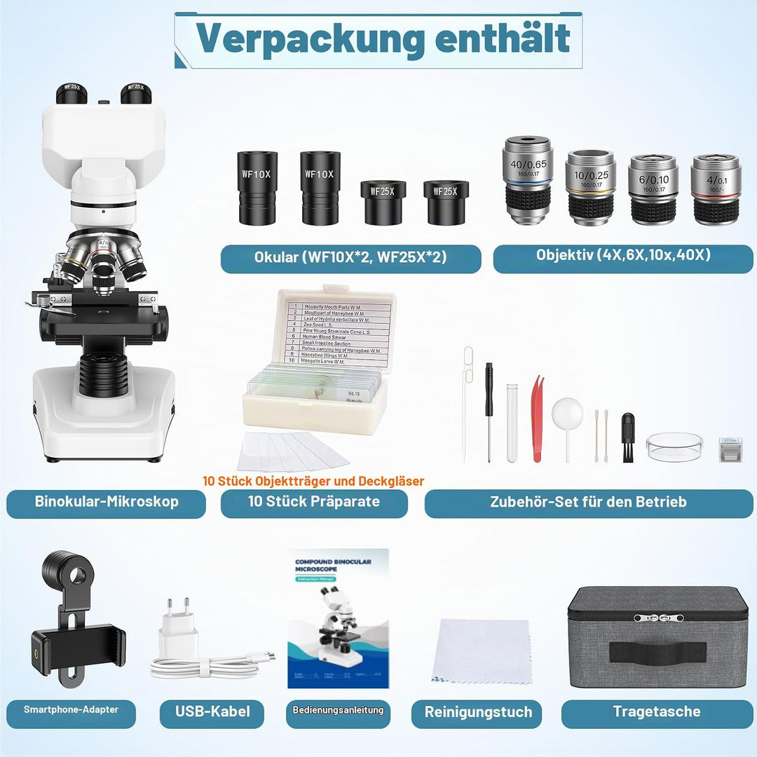 Binokulares Mikroskop, 40X-1000X, Lineal verschieben, 4 Objektivlinsen, Grober und feiner Fokus, mit