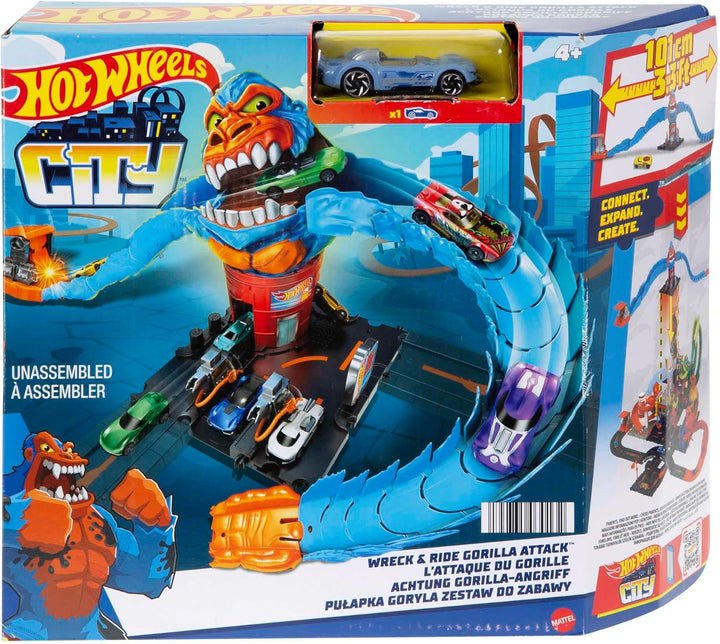 Hot Wheels HDR30 - Gorilla-Angriff mit 1 Auto, mit anderen Sets verbindbar, Set mit Tankstelle, Auto