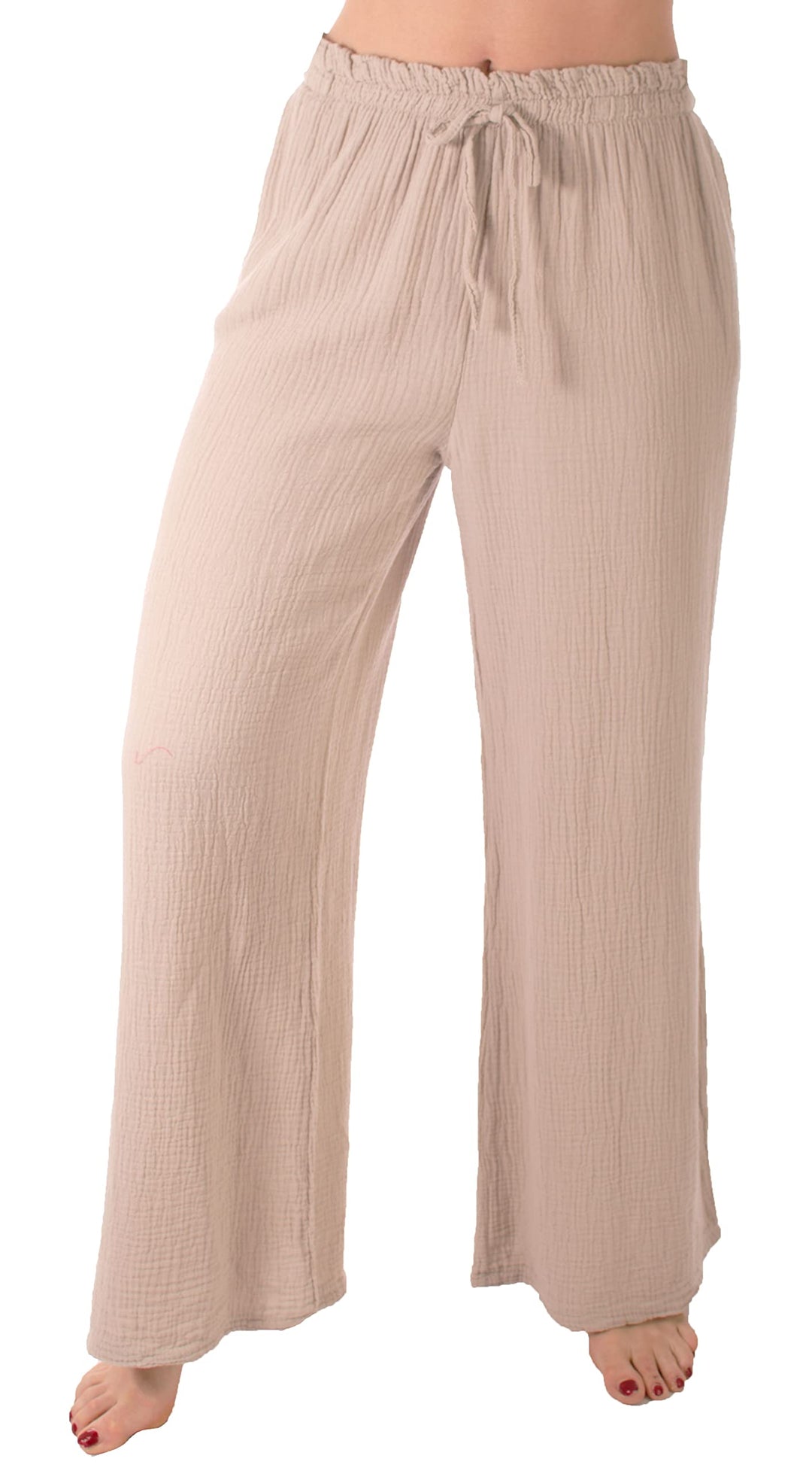 FASHION YOU WANT Damen Musselin Hose Lang Sommerhose Strand Luftig, Beige