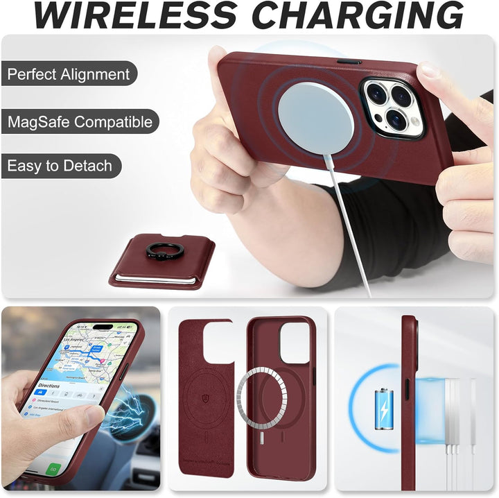 SHIELDON Hülle für iPhone 15 Pro Handyhülle Handy Kartenhalter [Echtleder] [2-IN-1 ] [Kabellos Aufla