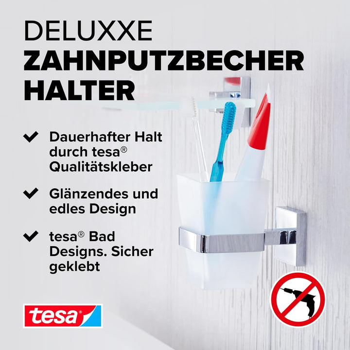 tesa DELUXXE Zahnputzbecher mit Halterung - Becher aus Milchglas, verchromte Wandhalterung - zur Wan