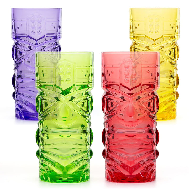 CKB LTD 4er-Set TIKI Becher Maori Tiki Glas Farbiges Glas Tiki-Set Cocktailgläser Cocktailbecher Lon