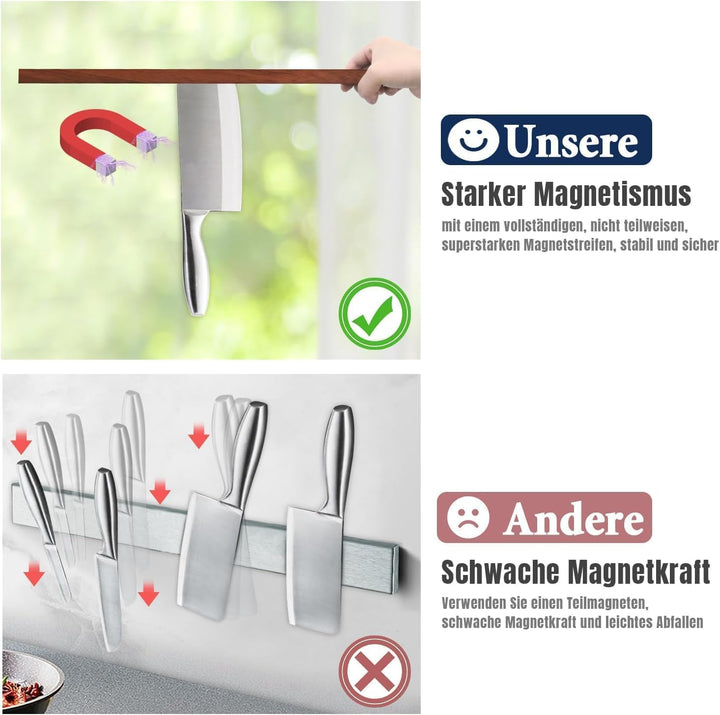 Dmore 50 cm Magnetleiste Messer mit 2 Haken, Messerhalter magnetisch ohne Bohren aus Walnuss, leistu
