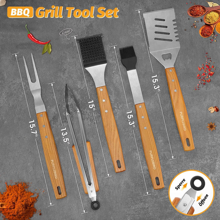 PURPLEBIRD Grillbesteckset 5-TLG, Profi Edelstahl Gril Zubehör Werkzeug Set, Tragetasche mit Schürze