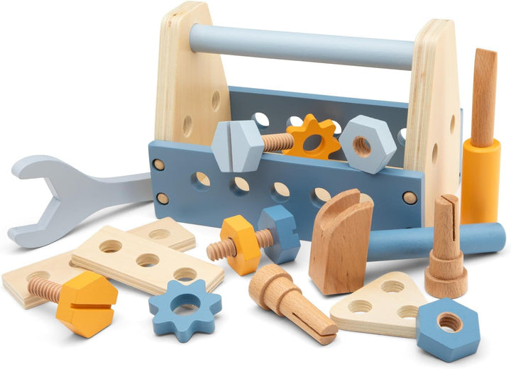Woet® Holz Werkzeugkoffer Kinder, Spielzeug Werkzeug Set, Rollenspiel Baustelle, Schrauben und Mutte