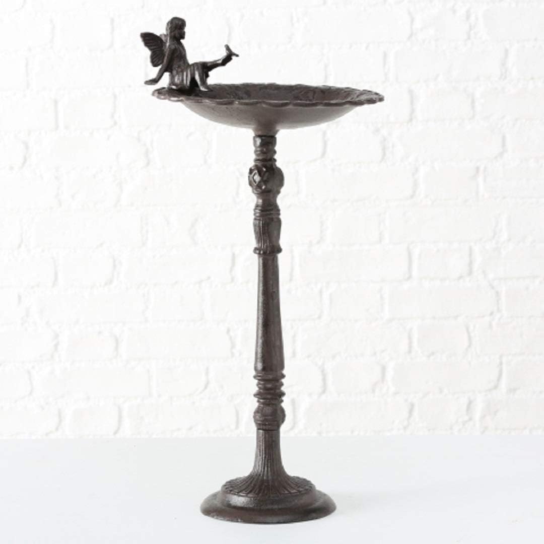 Vogeltränke, Vogelbad mit schöner Feen Figur, aus Gusseisen in antikbraun, mit Standfuss, ca. 30 cm