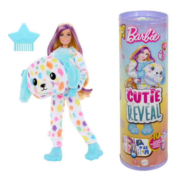 Barbie Cutie Reveal Puppe und Accessoires, Regenbogen-Dalmatiner-Plüschkostüm und 10 Überraschungen