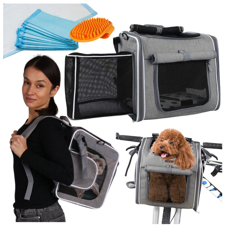 Transportrucksack 4in1 für Tiere bis 5,5 kg, 34x36x26 cm, mit Matte und Bürste, grau
