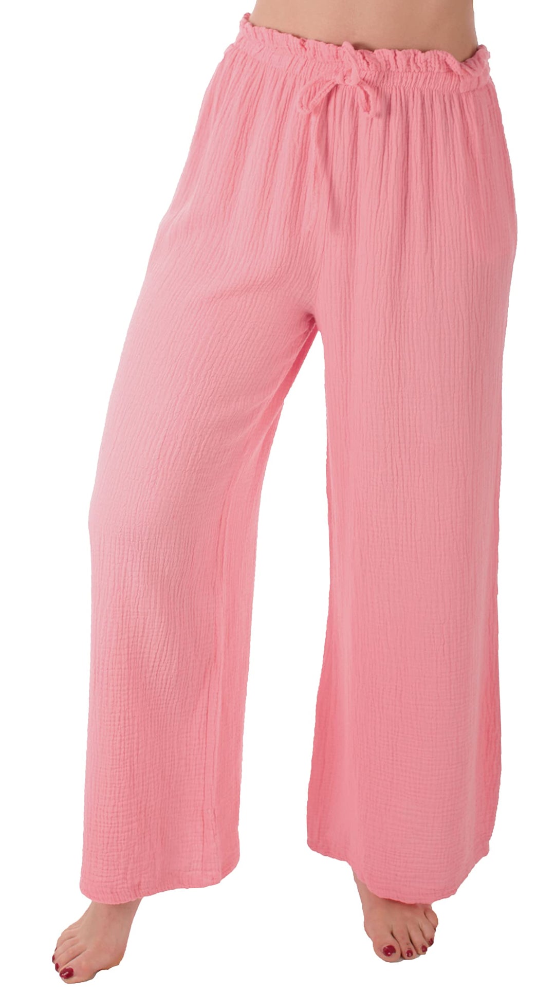 FASHION YOU WANT Damen Musselin Hose Lang Sommerhose Strand Luftig 38-40 Bonbon, 38-40 Bonbon