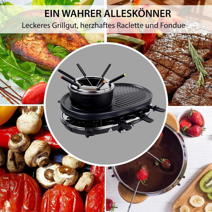 Syntrox Raclette 8 Personen, 3-in-1 Olorti mit Fondue &amp; Heisser Stein, 1500W Tischgrill, Natursteinp