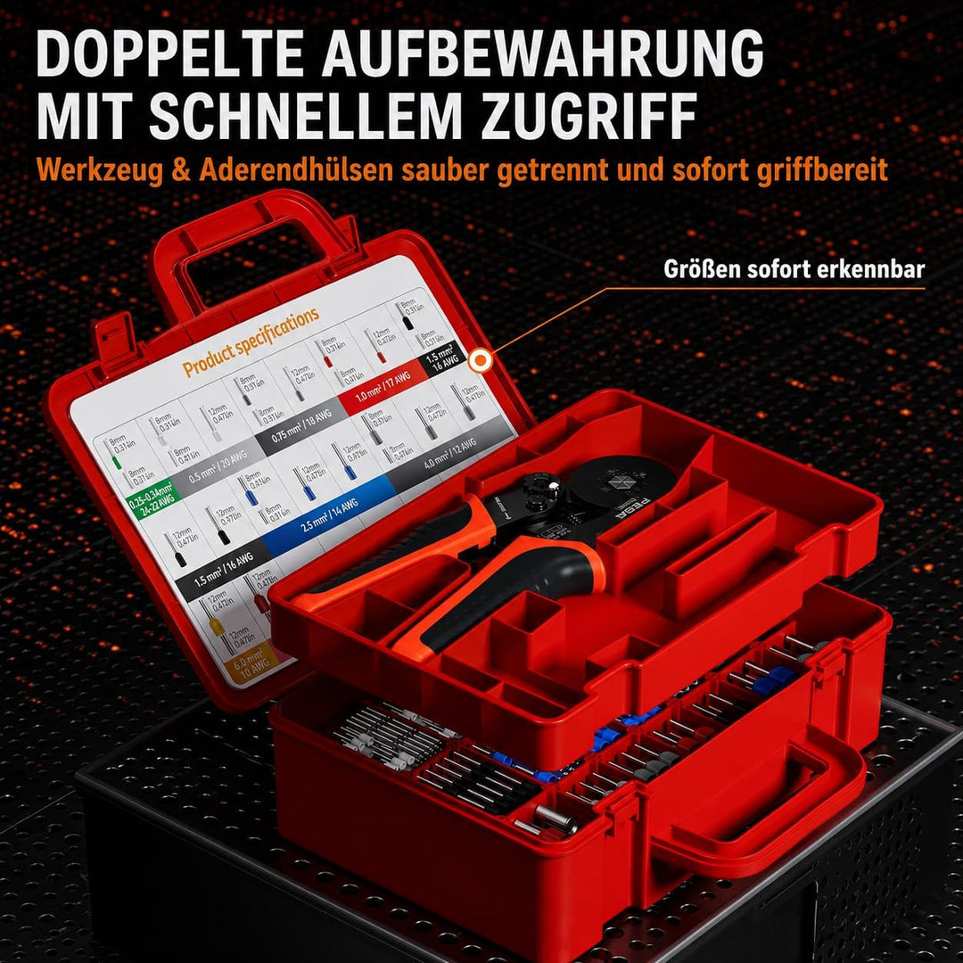 PEBA Sechskant Crimpzange Set mit 33 Grössen Aderendhülsen 0,25–10 mm² inkl. Twin Hülsen, selbstjust