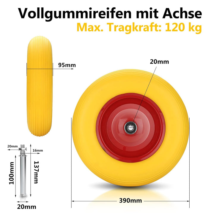 Ansobea 2x Schubkarrenrad mit Achse - Reifen mit Stahlfelge - 4.80/4.00-8 - Durchmesser 390 mm -Pann