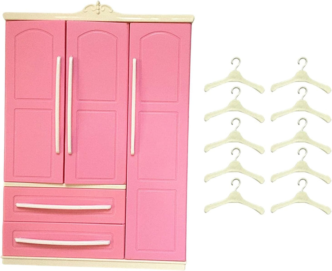 Milageto Puppengarderobe mit 10 Kleiderbügeln, Kleiderorganisation, Puppenhausdekoration, Schublade