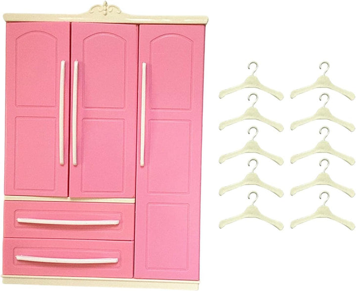 Milageto Puppengarderobe mit 10 Kleiderbügeln, Kleiderorganisation, Puppenhausdekoration, Schublade