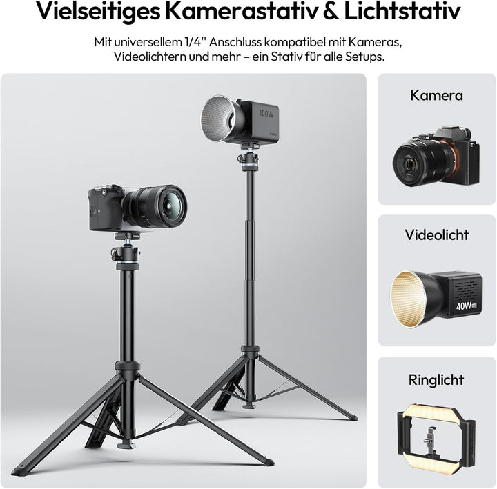 ULANZI MT93 Universelles 1/4'' Kamera Stativ Lichtstativ [Automatisch Ausklappend] 160cm Alu, Uka Sc