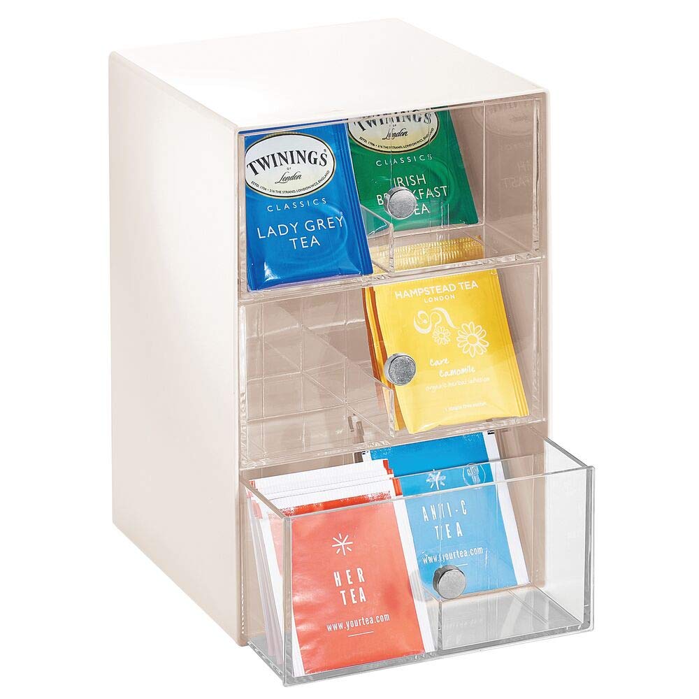 mDesign Küchen Organizer mit 3 Schubladen – Aufbewahrungsbox für Teebeutel, Kaffeepads, Süssungsmitt