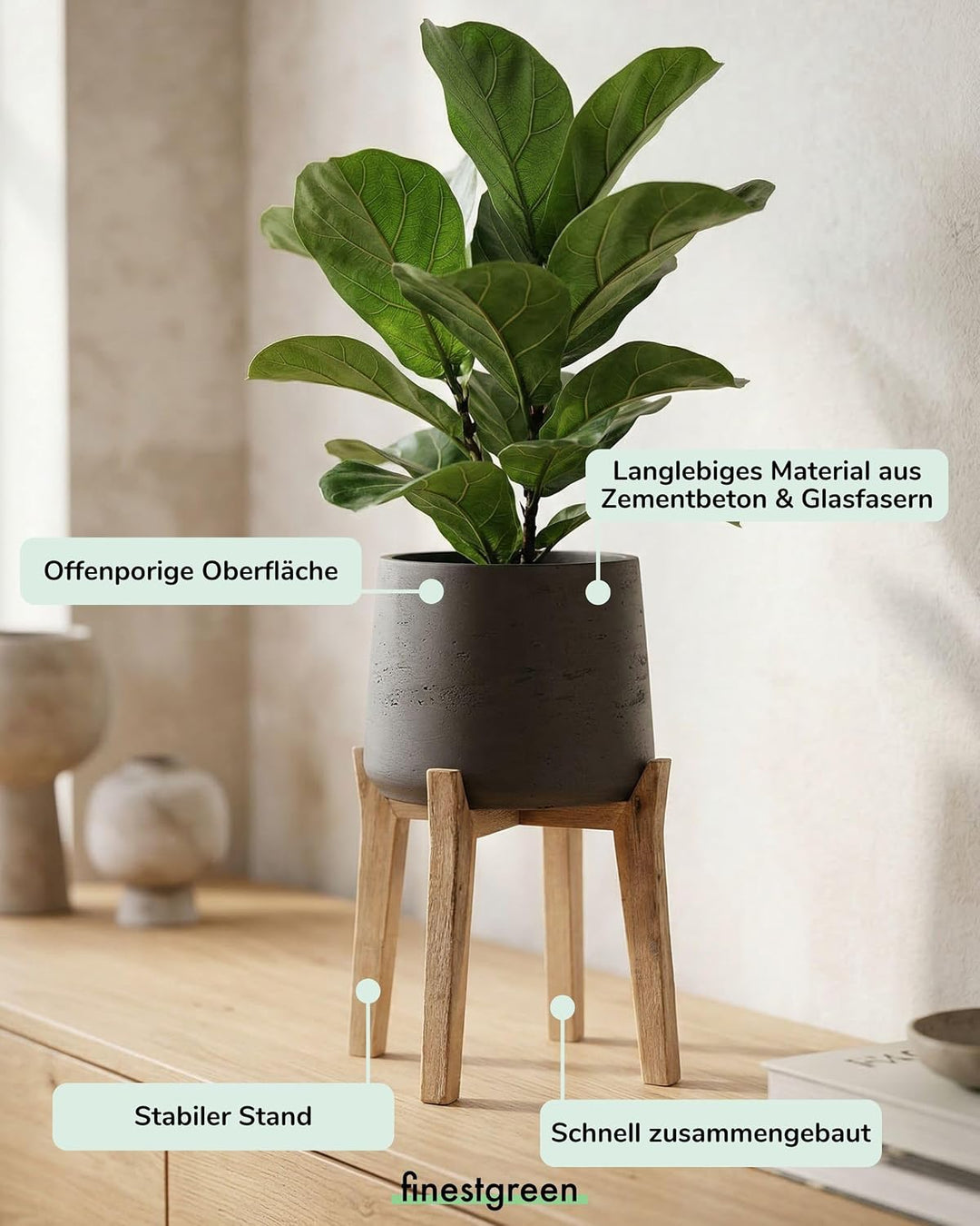 Finestgreen Patt Feet High | Handgefertigtes Pflanzgefäss auf Holzfüssen (M Ø:23 H:34,5 cm, Schwarz)