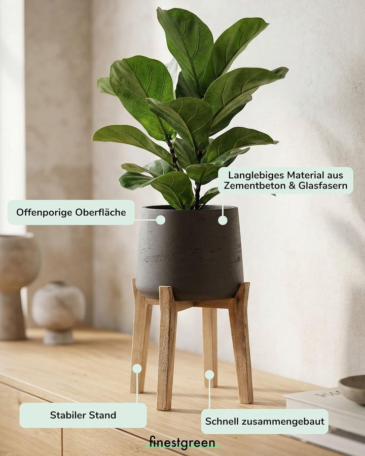 Finestgreen Patt Feet High | Handgefertigtes Pflanzgefäss auf Holzfüssen (M Ø:23 H:34,5 cm, Schwarz)