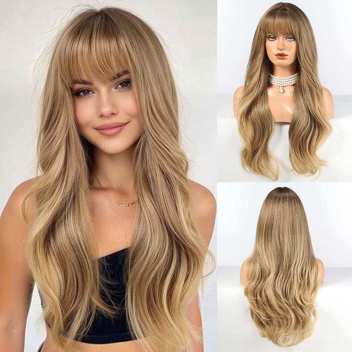 HAIRCUBE Lange blonde gemischte braune Perücke mit Pony, geschichtete lockige Perücken für Frauen, n