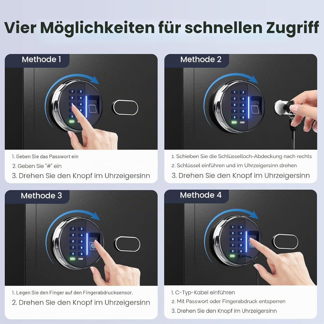 Grimtron Biometrischer Fingerabdruck-Tresor – 22L Sicherheitsbox mit LED-Beleuchtung, leisem Modus,
