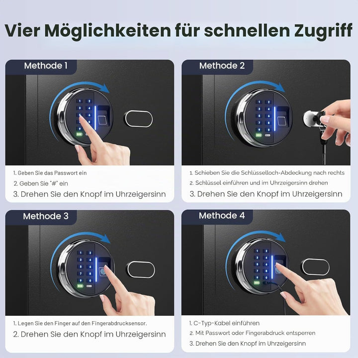 Grimtron Biometrischer Fingerabdruck-Tresor – 22L Sicherheitsbox mit LED-Beleuchtung, leisem Modus,
