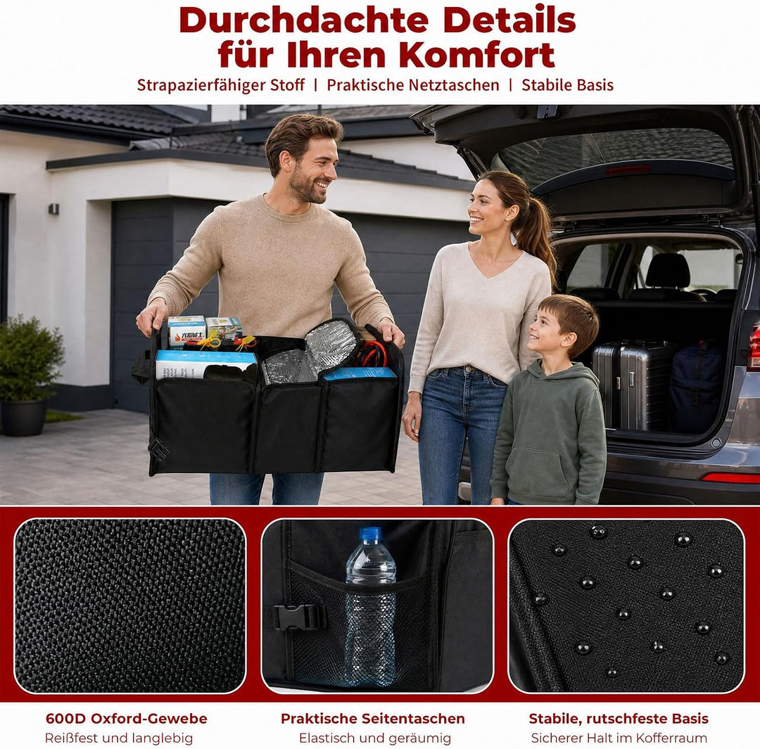 Faltbarer Auto Kofferraum Organizer Universal – 72L Auto Aufbewahrungsbox | Alu-Griffe Trennwände Re